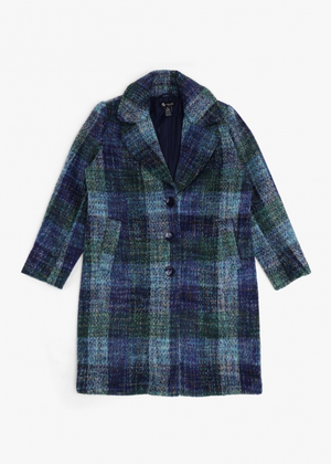 Multicoloured Blue Checked Wool Mix Longline Coat