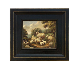 Sheep in Landscape Painting Print Reproduction on Canvas in Distressed Black Solid Ash Frame