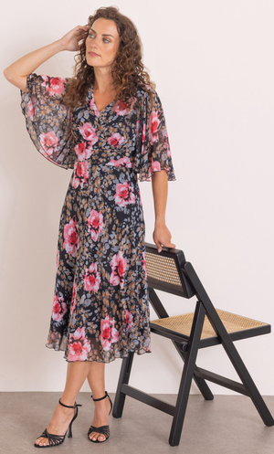 Anna Rose Floral Print Short Sleeve Dress - Black/Rouge