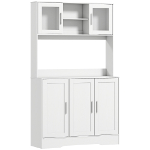 HOMCOM Alacena de Cocina con 2 Puertas de Vidrio Encimera Amplia para Microondas Estantes Ajustables 108x35x180 cm Blanco