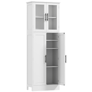 HOMCOM Mueble de Baño Alto con Estantes Ajustables, Puertas de Cristal y Madera, 60x30x170 cm, Blanco