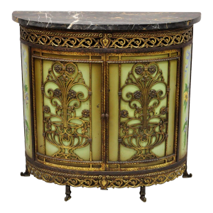French Victorian Wrought Iron Oscar Bach Demilune Marble Top Console Cabinet