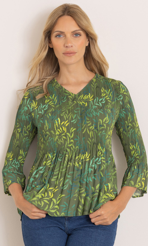 Leaf Printed V Neck Pleated Top - Green