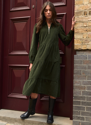 Jean Organic Corduroy Midi Dress - UK 10 | EU 36 | US 06 / Deep Khaki