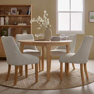Durham Natural Oak Round Dining Table 120cm + 4 Zola Chairs in Conway Stone Fabric with Oak leg