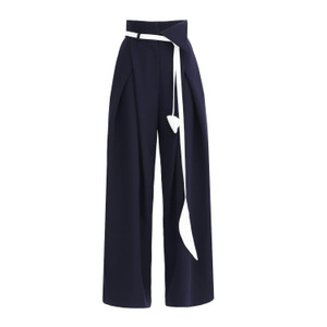 Fashion Forward Wide-Leg Pants & Contrast Belt - Navy (M)
