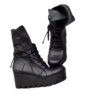 Handcrafted Women’S Black Leather Lace-Up Platform Boots – Genuine Leather Designer Handmade Wedge Ankle Boots (5 UK)