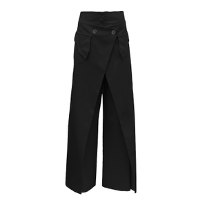 High-Waisted Cotton Wrap Trousers , Skirt Effect - Black (L)