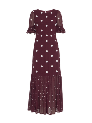 Saphi Burgundy Polka Dot Maxi Dress (S)