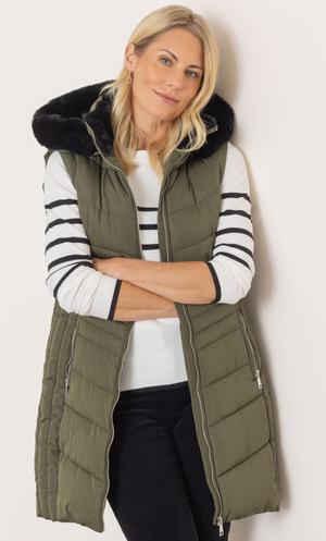 Padded Hooded Faux Fur Trimmed Gilet - Deep/Khaki