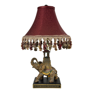 Late 20th Century Detailed Elephant Design Accent Lamp Deep Red Shade Embellishments