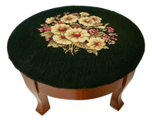 Mid-Century Boho Chic Folk Art Traditional Needlepoint Footstool