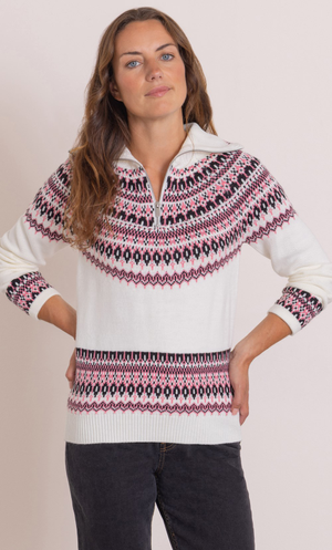 Anna Rose Fairisle Knit Zip Top - Ivory/Pink