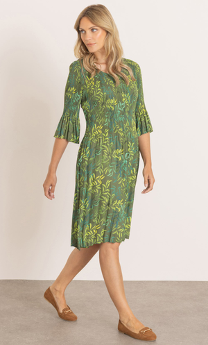 Leaf Print Pleated Dress - Green