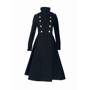 Long Black Wool Coat Elegant Military Style Winter Overcoat Double Breasted High Neck Warm Outerwear Women Designer Fashion (M)
