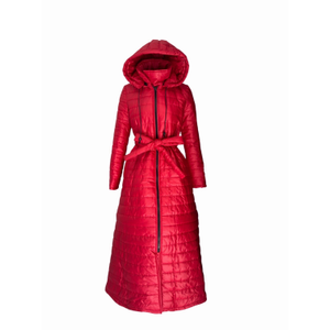 Long Red Puffer Coat Women’S Quilted Winter Jacket With Hood And Belt Warm Elegant Outerwear (XL)