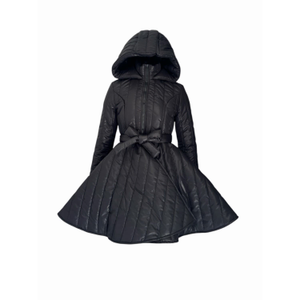 Short Black Puffer Coat Women’S Quilted Winter Jacket With Hood And Belt Flared Elegant Outerwear (XS)