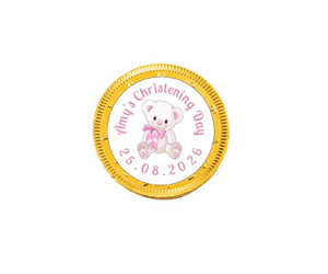 Personalised Pink Teddy Christening Chocolate Coins