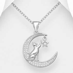 Signature Silver CZ Cat On The Moon Necklace