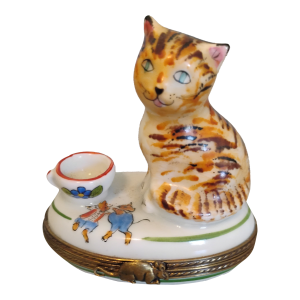 1980s Charmart Pient Main Limoges France Trinket Box, Cat With Saucer