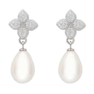 Clover Flower Pearl Drop Cz Earrings Silver
