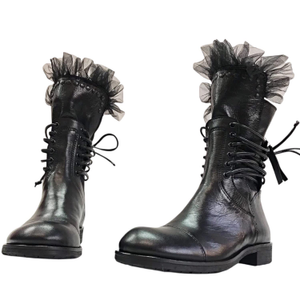 Women’S Black Leather Lace-Up Boots With Tulle Detail Handmade Designer Ankle Boots (8 UK)