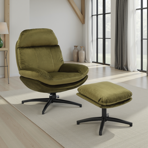 Velvet Sage Green Brenna Swivel Armchair with Footstool