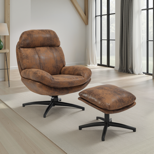 Faux Leather Suede Brown Brenna Swivel Armchair with Footstool