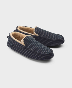 Grey Black Pinstripe Herringbone Moccasin Slippers