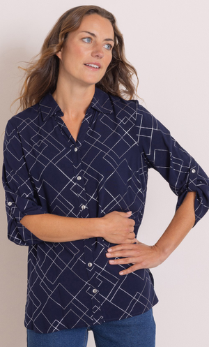 Anna Rose Geometric Foil Print Blouse - Navy
