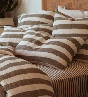 Dark Olive Cora Stripe 100% Linen Pillowcase