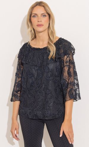 Embroidered Lace Bardot Top - Black