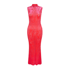 Velvet Zebra Pattern High Neck Maxi Dress In Neon Pink (XXS)