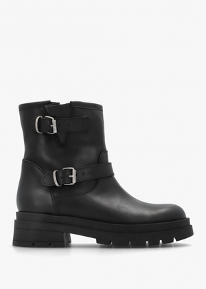 Black Leather Double Buckle Chunky Biker Boots