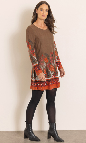 Garden Border Print Brushed Knit Tunic Top - Tan/Red/Orange