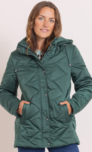 Anna Rose Hooded Zig Zag Quilted Coat - Forest Green