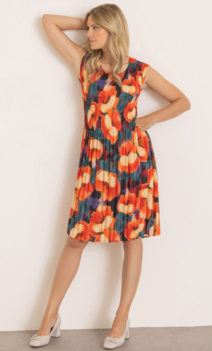 Floral Printed Round Neck Pleated Dress - Rust