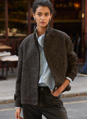 Janine Wool Blend Short Coat - 14 (UK Size 14) / Black & Brown Herringbone