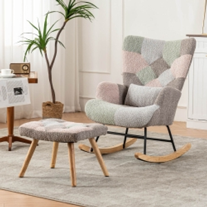 Rocking Garden Chair Set with Footstool and Pillow, Wingback Accent Chair with Solid Wood Legs and Side Pocket, 68x83x91 cm, Blue+Grey