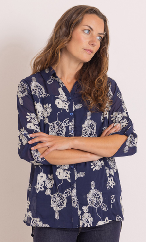 Anna Rose Shimmer Embroidered Blouse - Navy/Gold