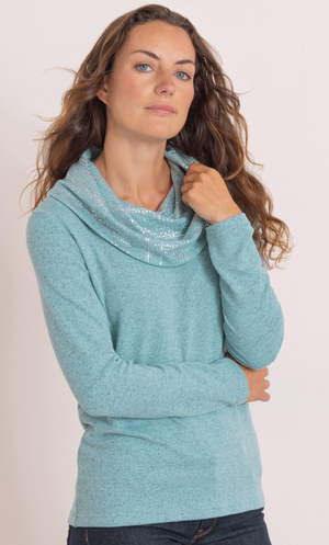Anna Rose Foil Print Cowl Neck Knit Top - Aqua