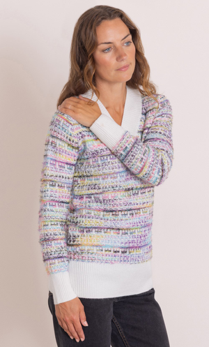 Anna Rose V Neck Stripe Knit Top - Ivory/Multi