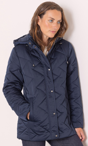 Anna Rose Hooded Zig Zag Quilted Coat - Deep Navy