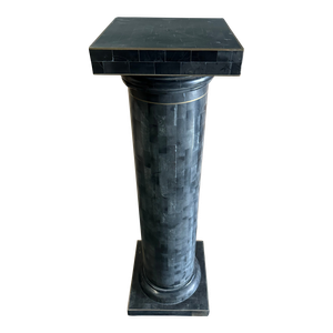 Vintage Neoclassical Black Tessellated Marble With Brass Inlay Column Pedestal