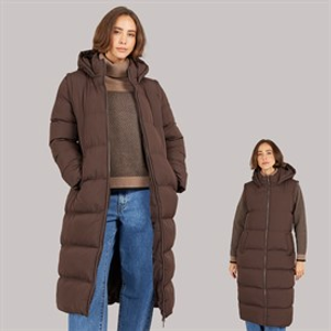Onfire Womens 2-In-1 Longline Hooded Coat With Detachable Sleeves Dark Chocolate