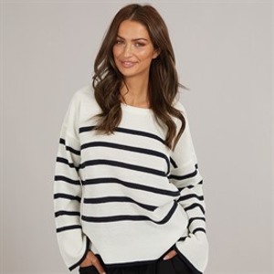 Brave Soul Womens Lisbon Crew Neck Jumper White/Navy Stripe