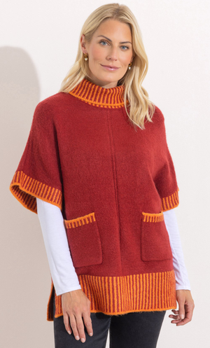 Short Sleeve High Neck Knitted Jumper - Tomato/Orange