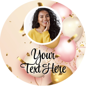 Personalised Party Stickers - Pink &amp; Gold Balloons - Custom Text - 1 Photo