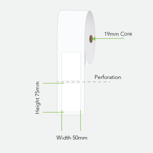 24 Rolls 50mm x 75mm Direct Thermal Labels White - 100 Labels per roll (19mm Core)