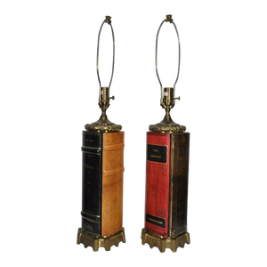 Vintage English Regency Style Leather Book Form Table Lamps by Wildwood - a Pair